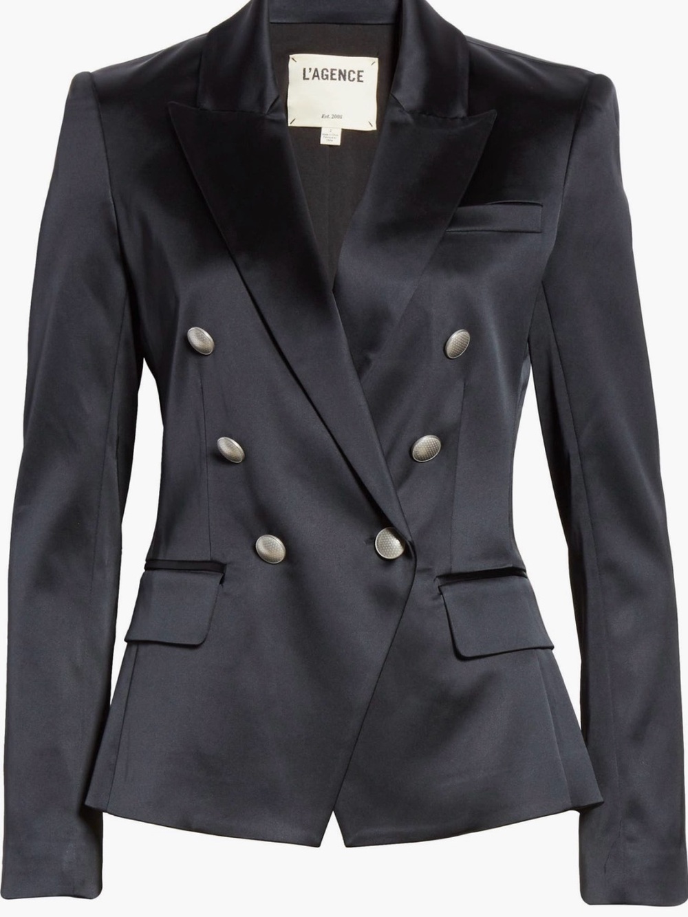 L’Agence Kenzie Satin Double Breasted Blazer, Black, Size 8